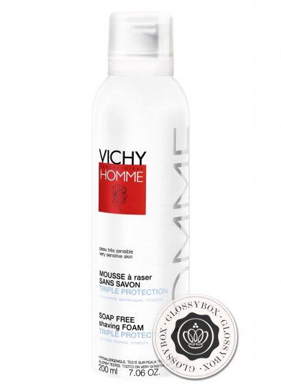 lub
MARKA: VICHY
PRODUKT: Pianka do golenia skóry wrażliwej o potrójnym działaniu
CENA: 48,30 zł / 200 ml 
Opis produktu: Formuła pianki nie zawiera mydła. Dzięki neutralnemu pH pianka zapewnia lepszą ochronę podczas golenia. Działa potrójnie: nawilża, chroni skórę przed wysuszeniem i uczuciem ściągnięcia, łagodzi podrażnienia. Gęsta, kremowa, niewysuszająca konsystencja pozwala ostrzom ślizgać się po skórze, dzięki czemu golenie jest bardzo delikatne. 
