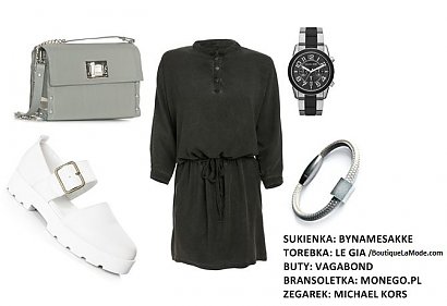 Ewelina: Polska moda? Zawsze wspieram i chętnie noszę! Grungową sukienkę podkręcam oryginalnymi białymi butami i uniwersalną torebką. Look uzupełnia zegarek w męskim stylu i nowoczesna bransoletka.