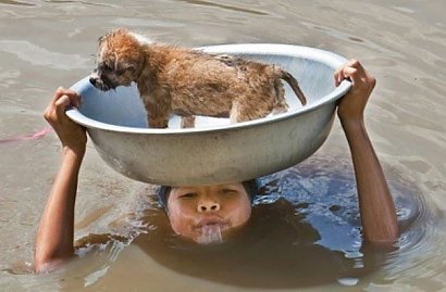 Dziewczynka ratuje swojego psa podczas powodzi.