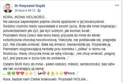 Krzysztof Gojdź napisał też treść ostatniego SMS-a, jakiego dostał od Kory.