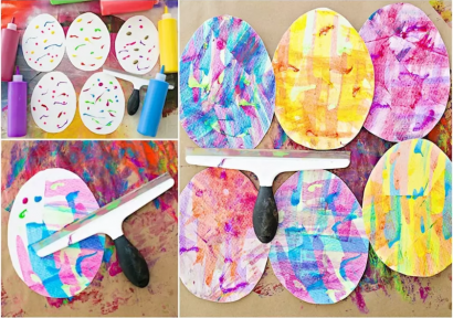 Te łatwe, kolorowe pisanki przygotuje nawet dziecko. Wytnij kształt jajka z kartki bloku technicznego. Teraz weź farby w tubce i zrób kilka kropek i kresek na pisance. Za pomocą ściągaczki do wody zrób parę pociągnięć. Zostaw pisanki do wyschnięcia.