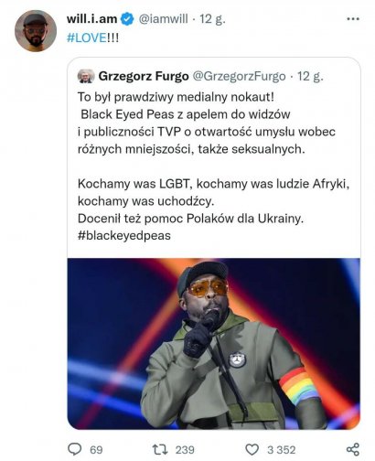 Twitty z wyrazami wdzięczności dla akcji Black Eyed Peas pojawiały się przynajmniej tak samo często, jak to pełne nienawiści.